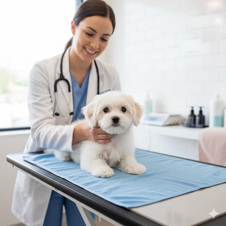 Healthy puppy with veterinarian