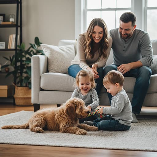Family with their new puppy at home