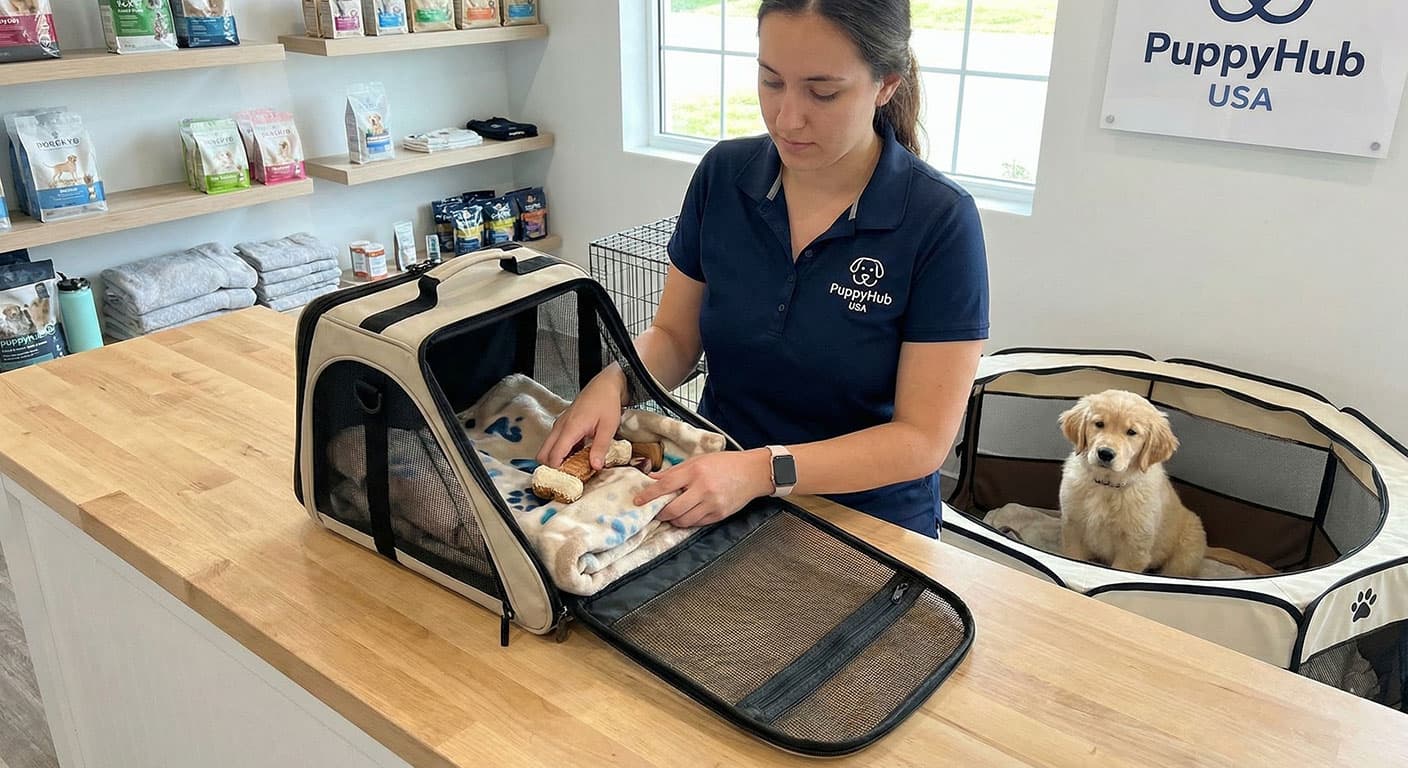 Puppy being prepared for travel